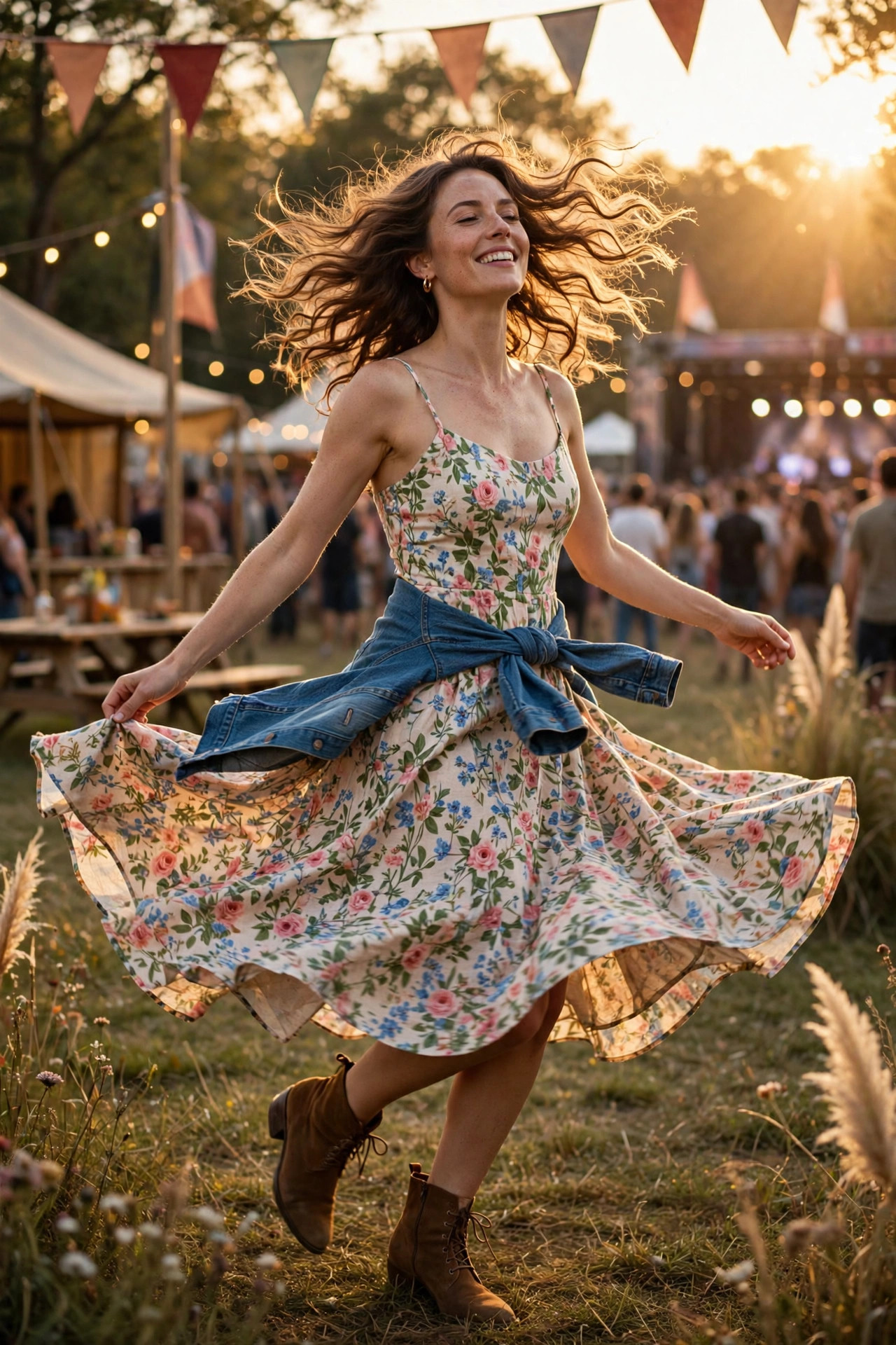 Woman twirling in floral midi sundress with brown ankle boots at golden hour music festival
