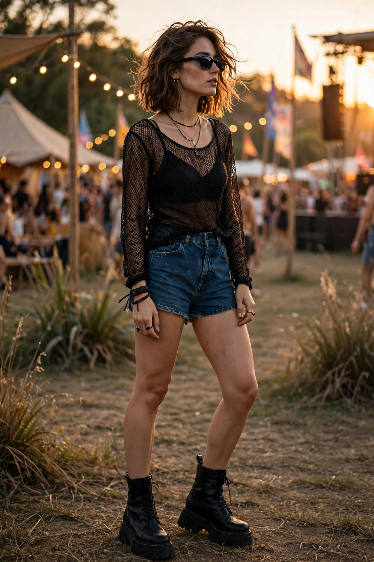 Woman in black mesh long-sleeve top over bralette with high-waisted denim shorts at festival at sunset