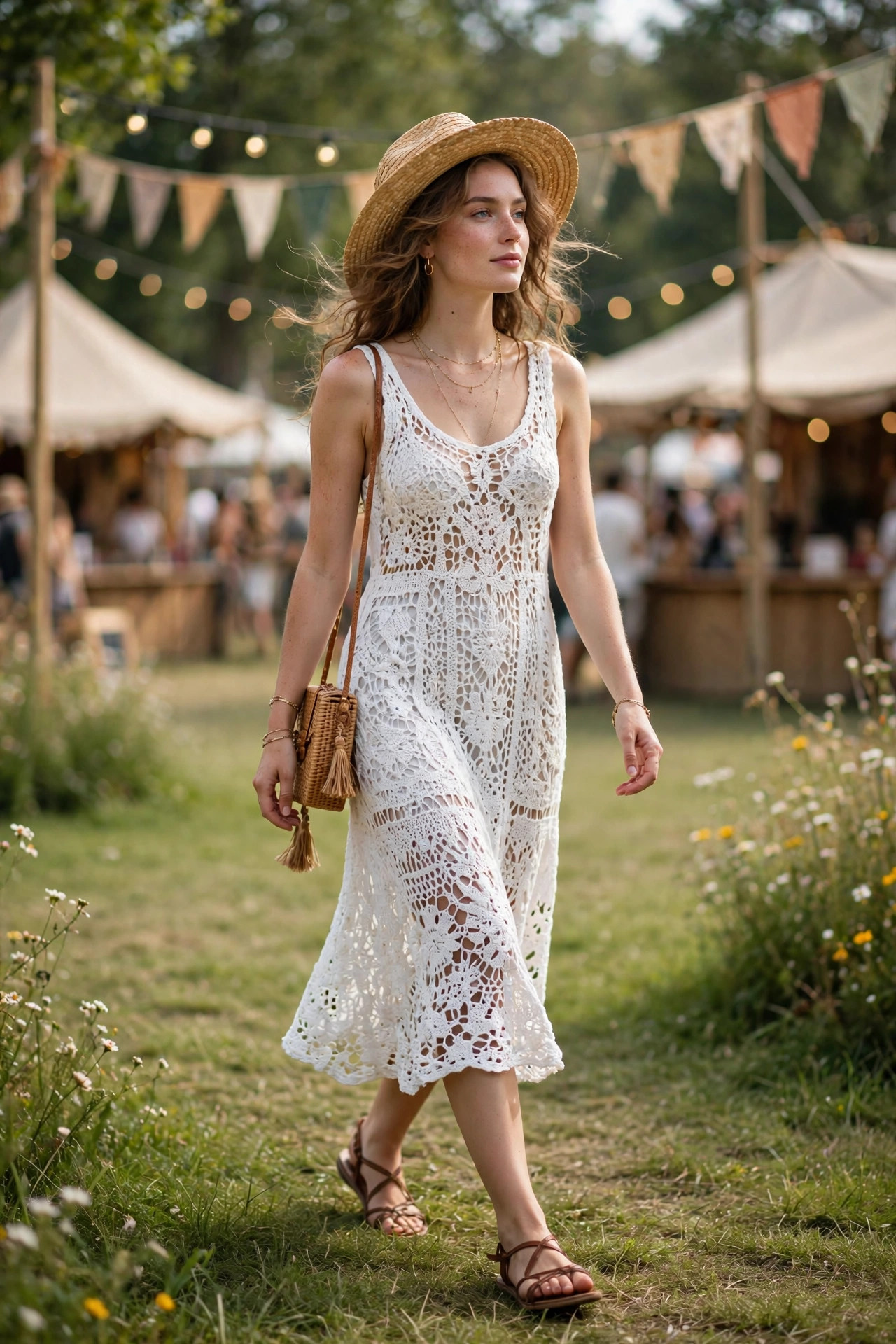Woman in white crochet midi dress with straw hat and flat sandals at boho music festival