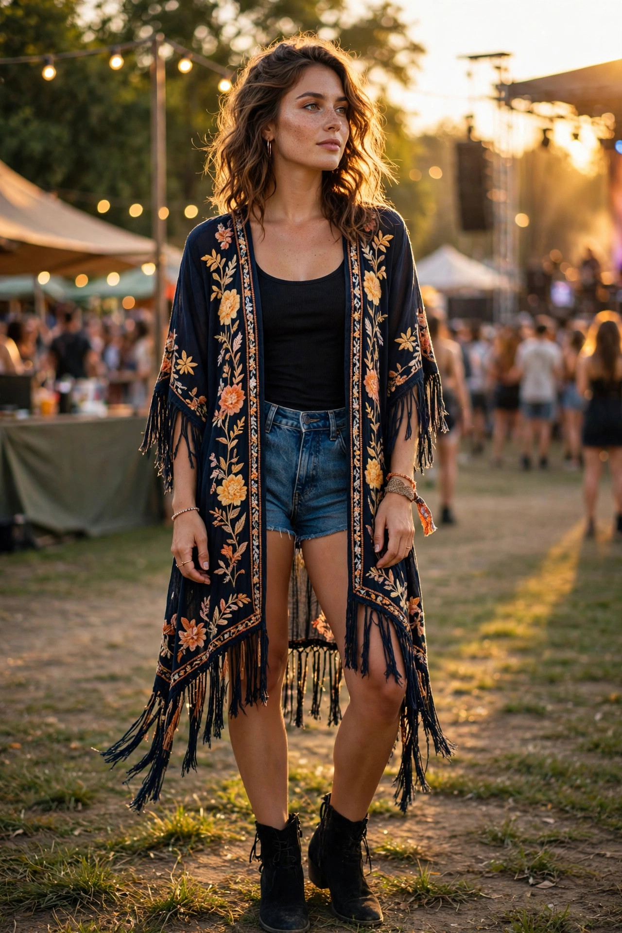 Woman wearing embroidered fringe kimono over black tank top and denim shorts at outdoor concert
