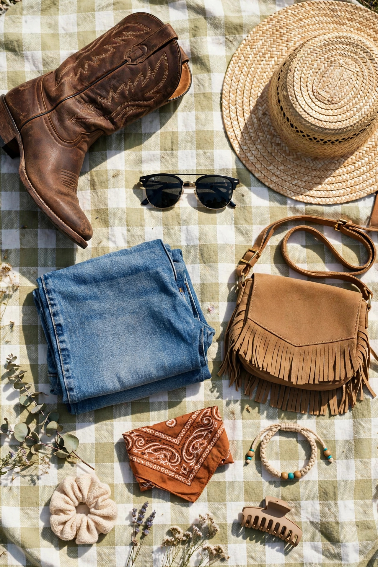Flat lay of Austin City Limits festival essentials — cowboy boots, straw hat, sunglasses, denim shorts and fringe bag on picnic blanket