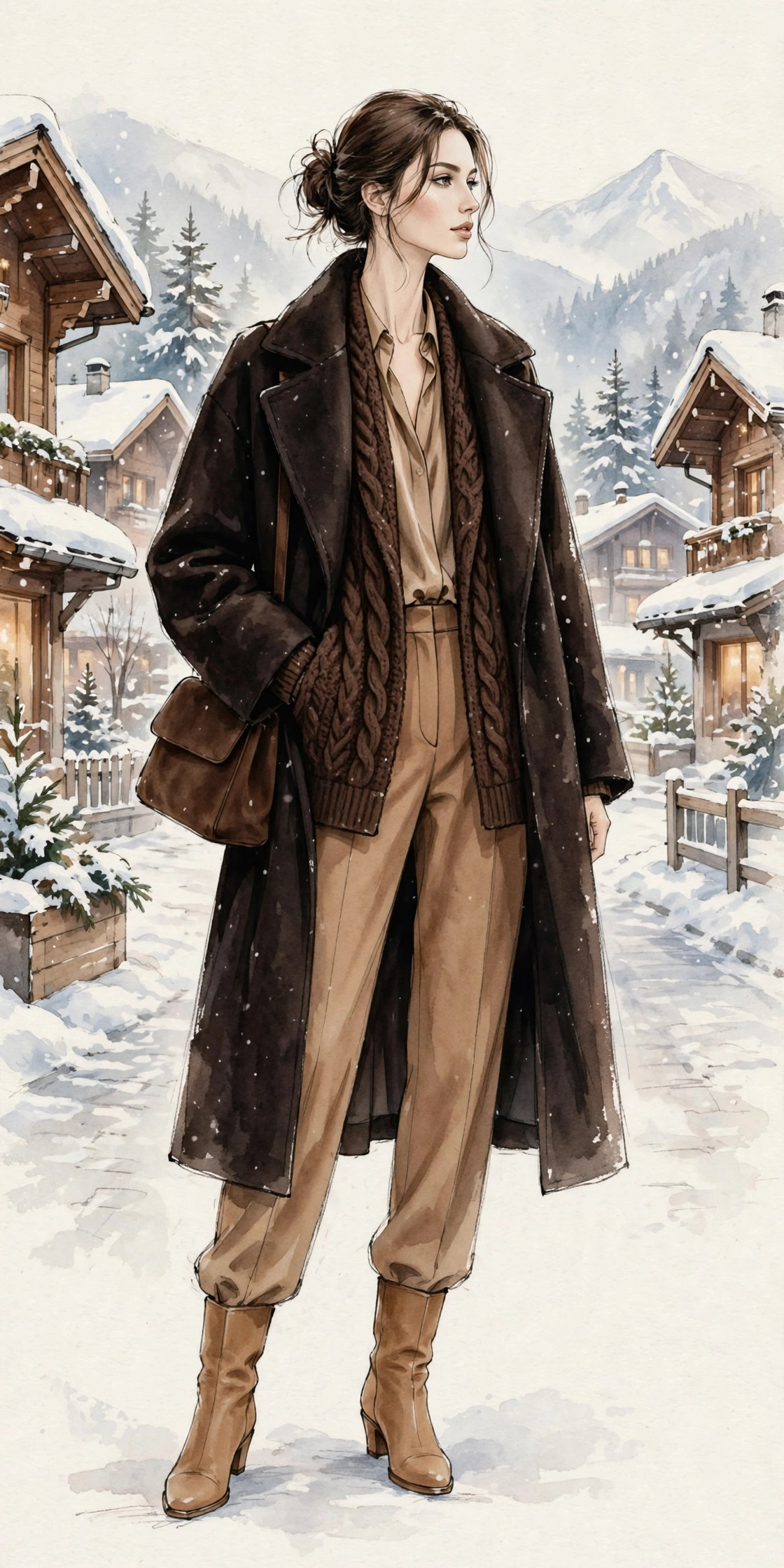 Woman in layered tan and chocolate brown outfit with cardigan and wool coat