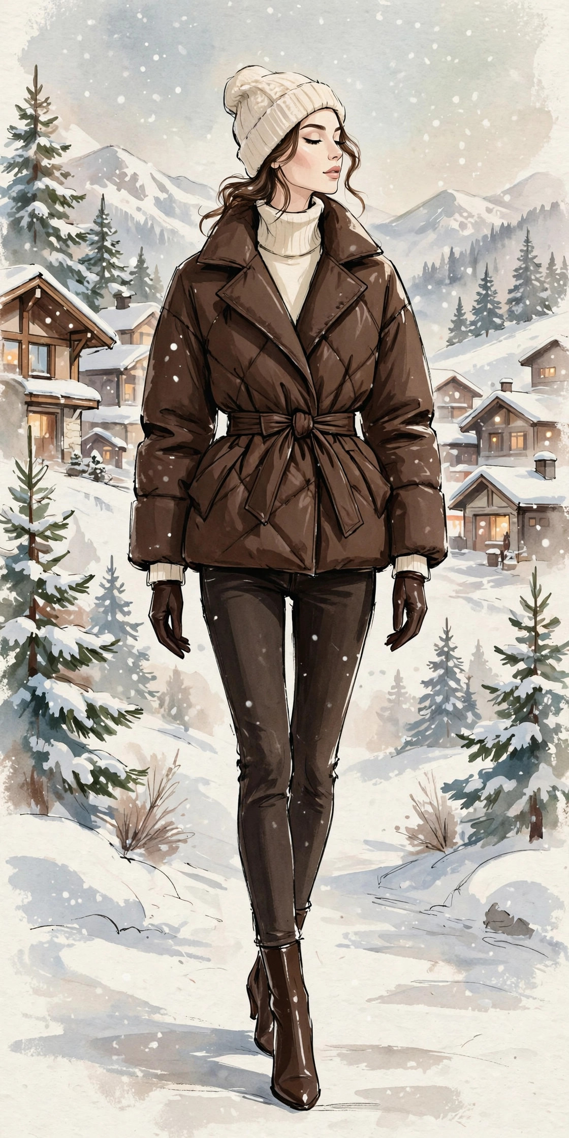 Woman wearing a chocolate brown puffer jacket over a cream turtleneck and jeans