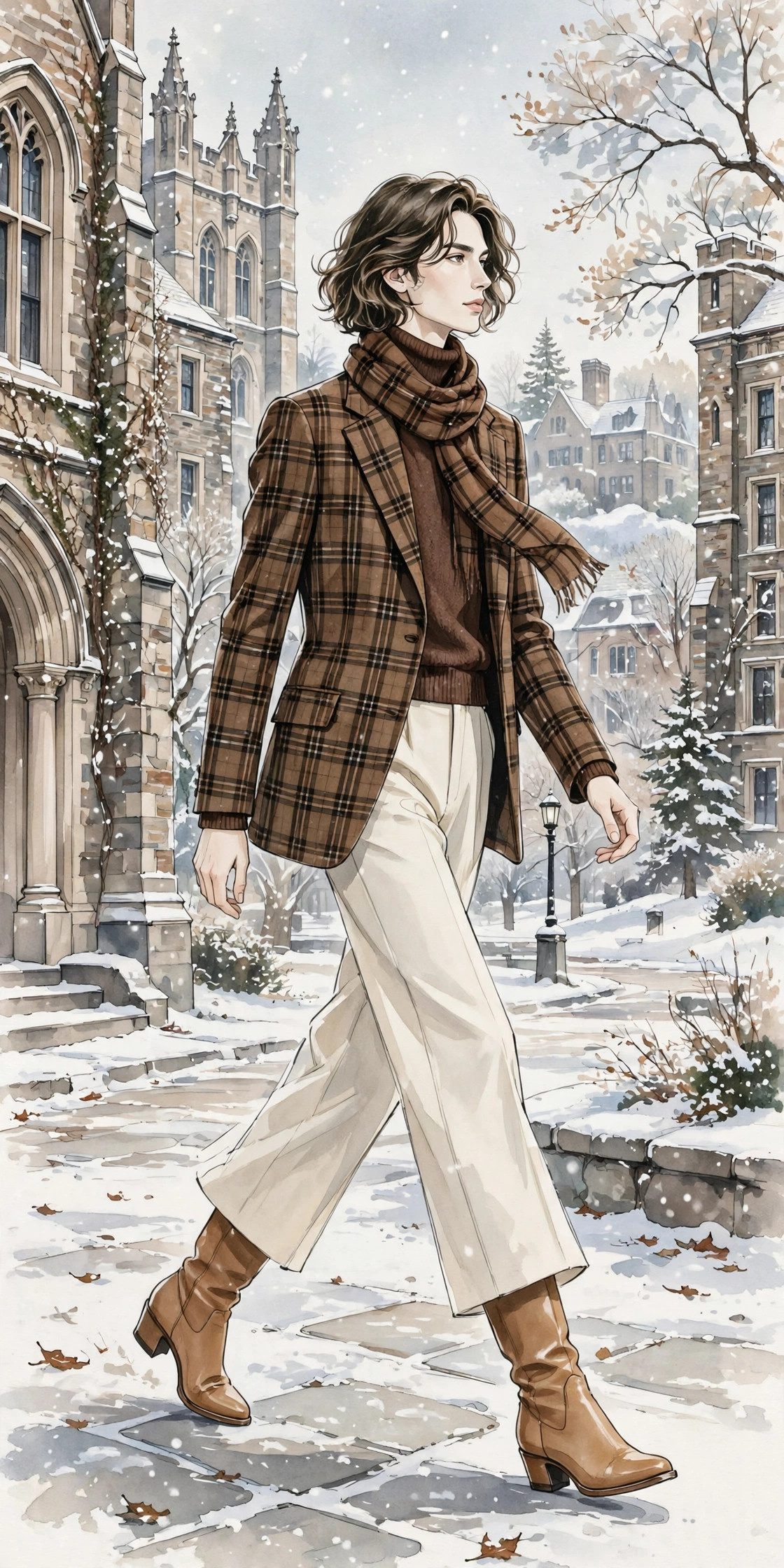 Woman wearing a brown plaid blazer with chocolate turtleneck and trousers