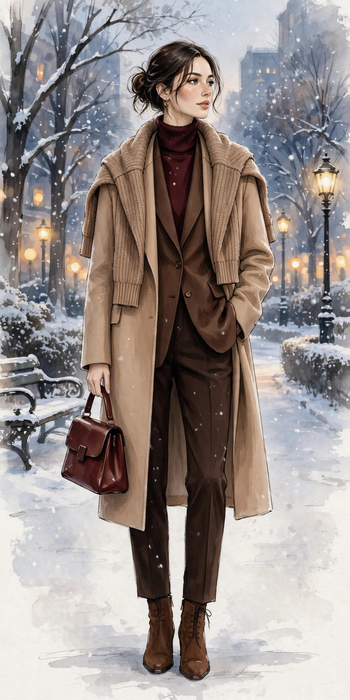 Woman in brown and burgundy winter outfit with blazer and knit