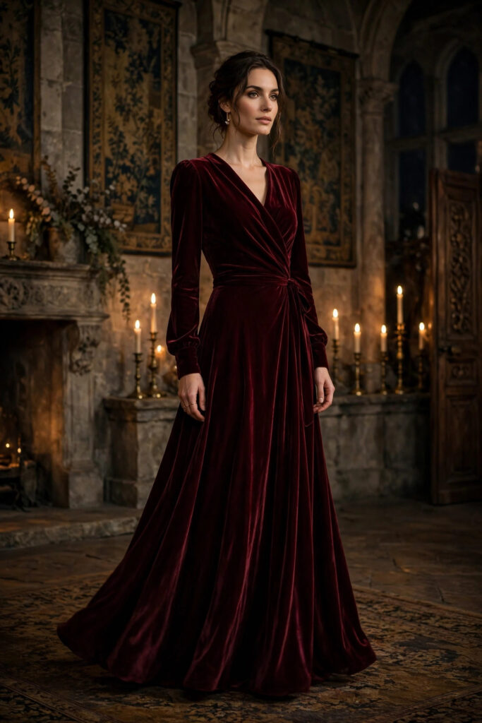 Woman in a deep burgundy velvet wrap gown with long sleeves in a candlelit chateau hall