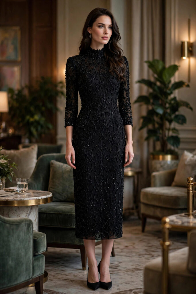 Woman in a black midi dress fully covered in bead embellishment with three-quarter sleeves