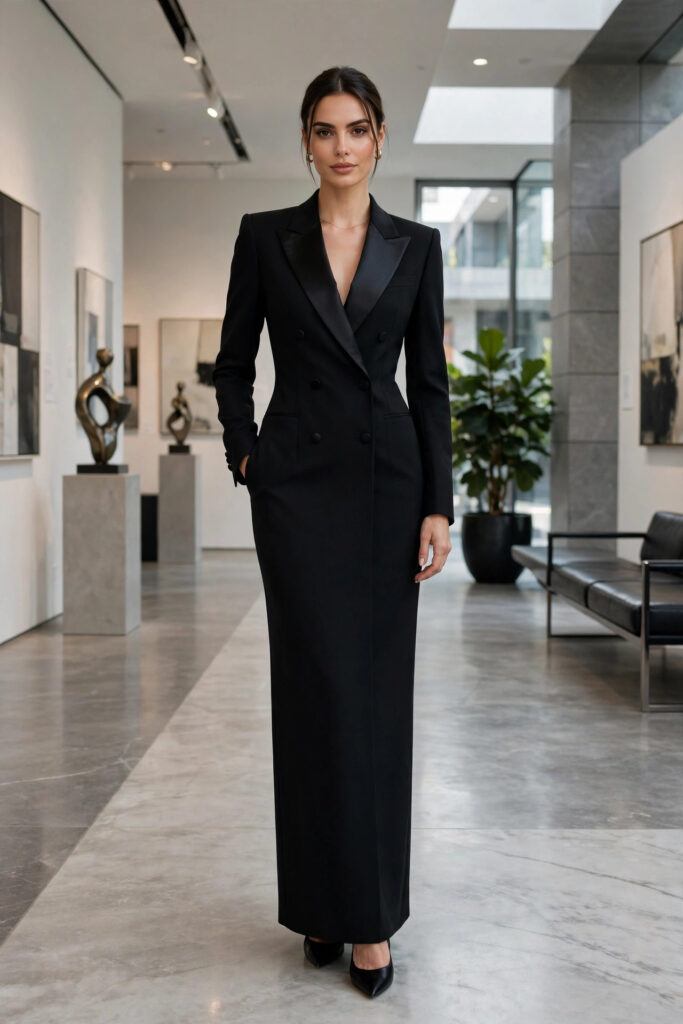 Woman in a black tuxedo-inspired formal dress with satin lapels and tailored shoulders