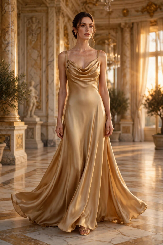 Woman in a champagne gold satin slip gown with draped neckline in a marble ballroom