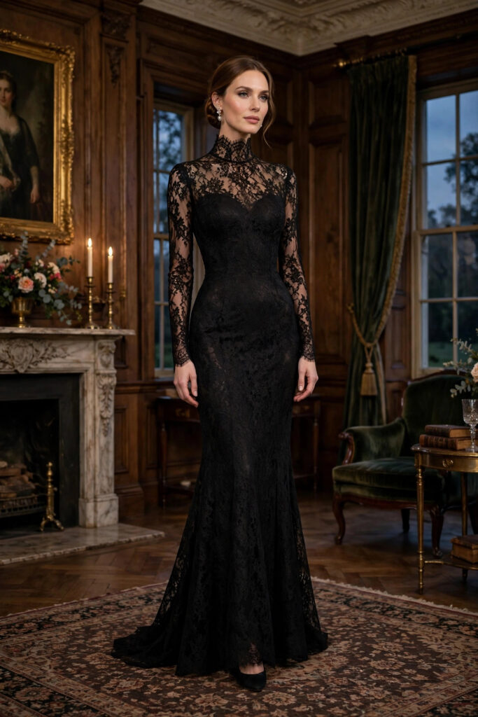 Woman in a long-sleeve black lace formal gown with illusion high neckline