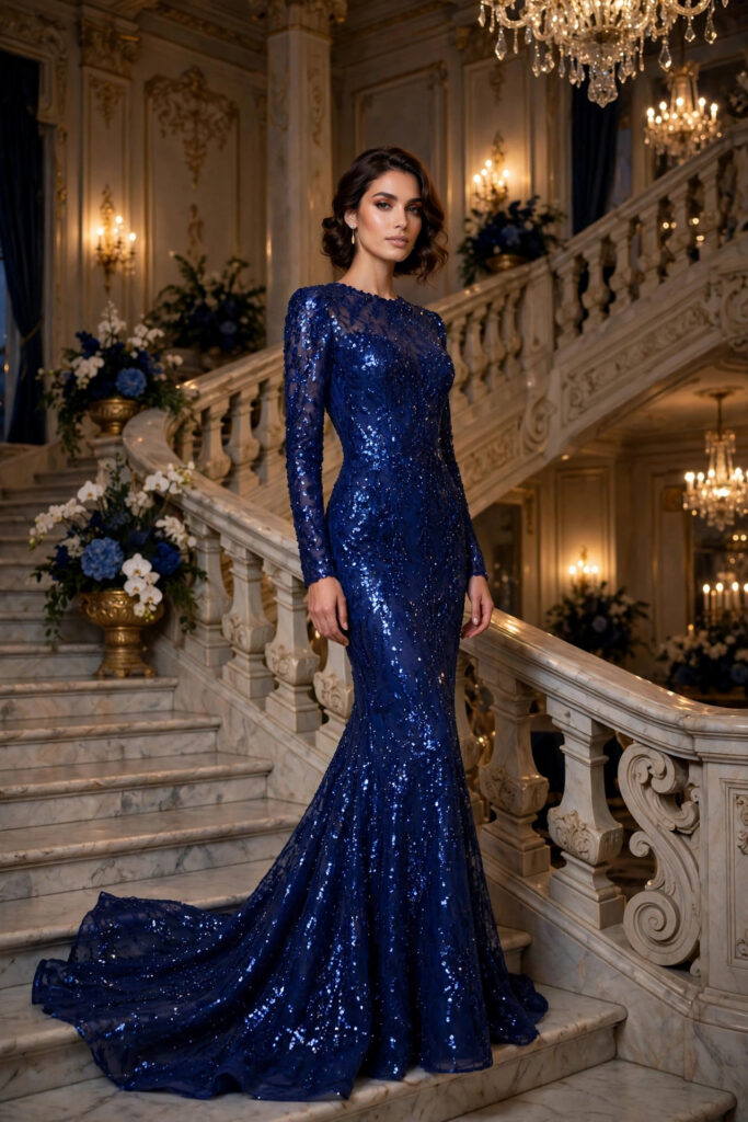 Woman in a royal sapphire blue sequin gown with long sleeves and mermaid silhouette