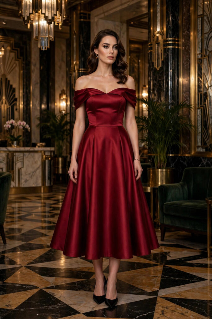 Woman in an off-shoulder deep red satin formal midi dress in an art-deco hotel lobby