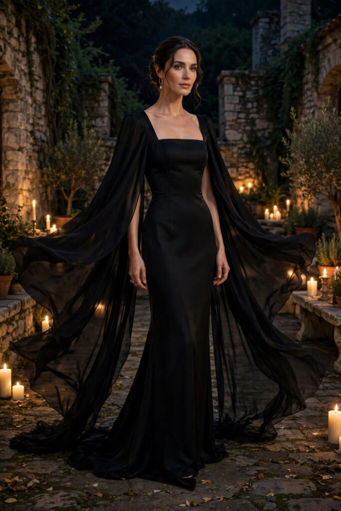 Woman in a black column gown with dramatic flowing cape sleeves in a candlelit courtyard