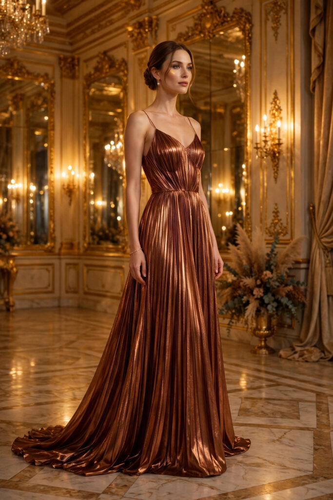 Woman in a copper bronze metallic pleated gown with thin straps in a golden-lit ballroom