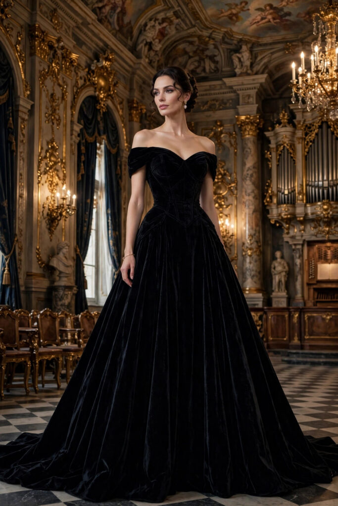 Woman in a midnight-black velvet off-shoulder gown with structured bodice in a baroque hall
