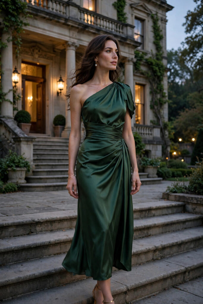 Woman in a forest green one-shoulder satin midi dress with ruched waist on mansion steps