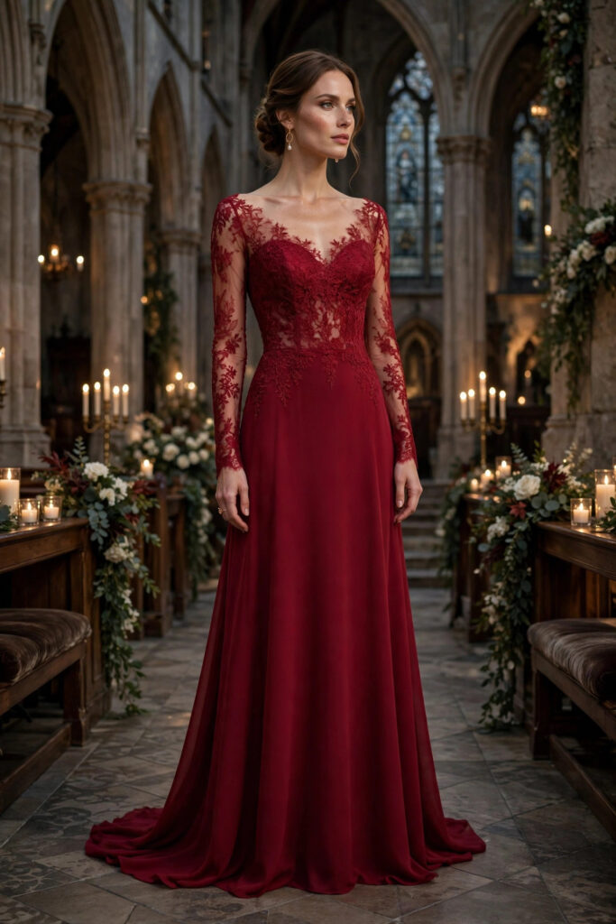 Woman in a wine-red formal gown with long lace sleeves and lace overlay bodice