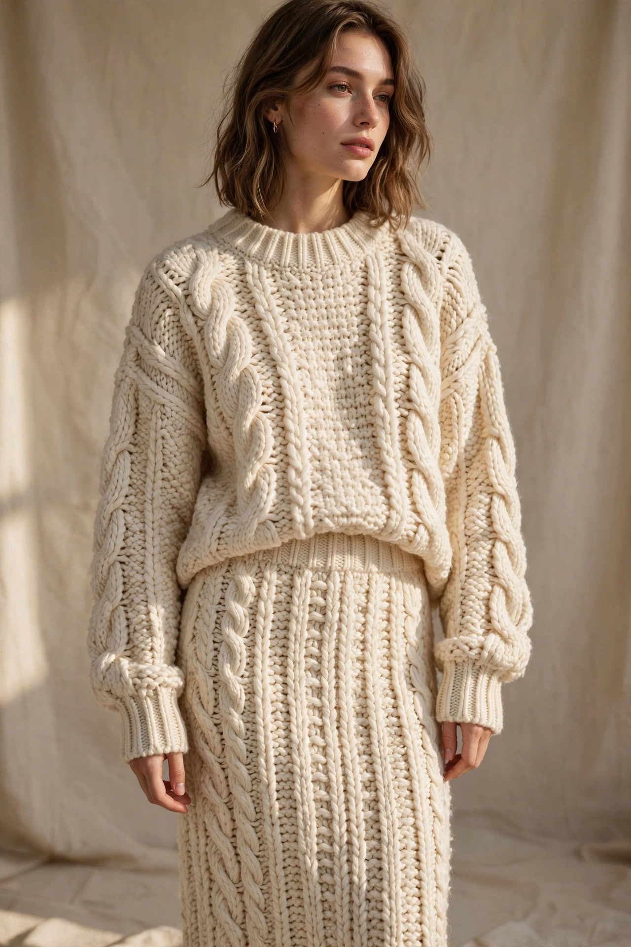 Close-up of a cream chunky knit two-piece sweater set with textured weave detail