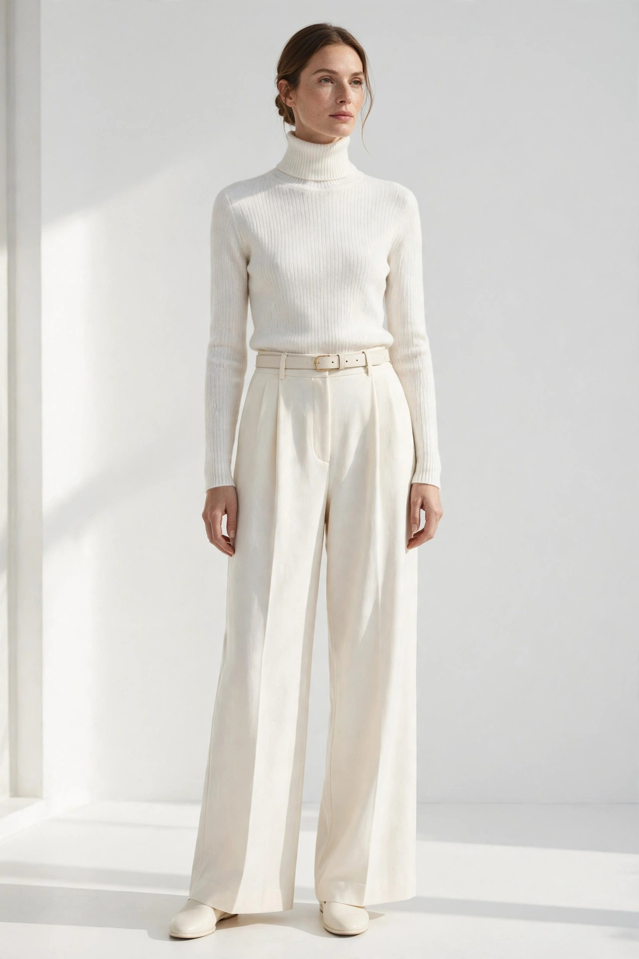 White turtleneck tucked into ivory wide-leg trousers, minimalist monochrome outfit