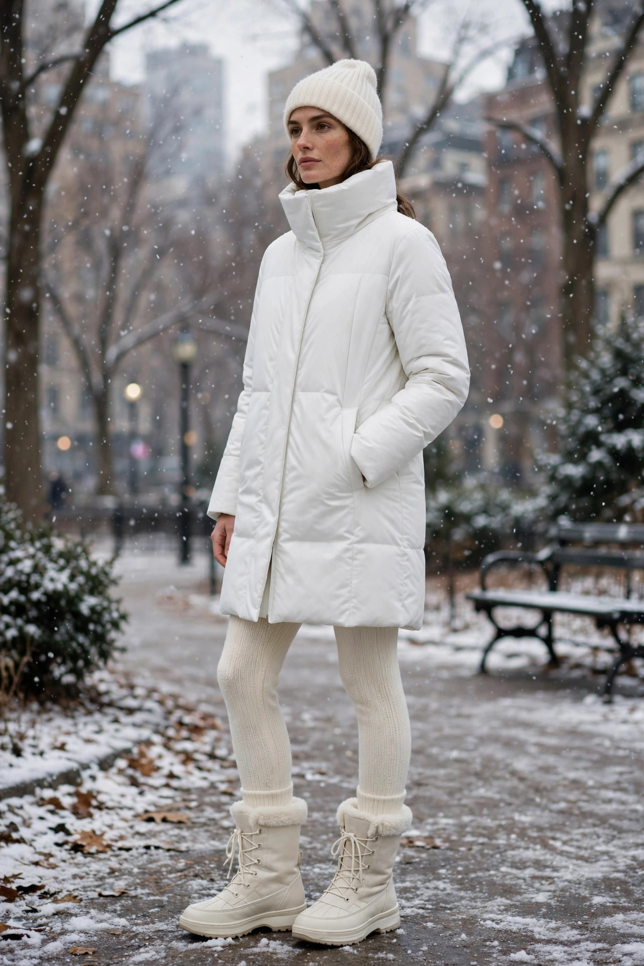 Sleek matte white puffer coat with cream knit leggings and ivory snow boots in falling snow