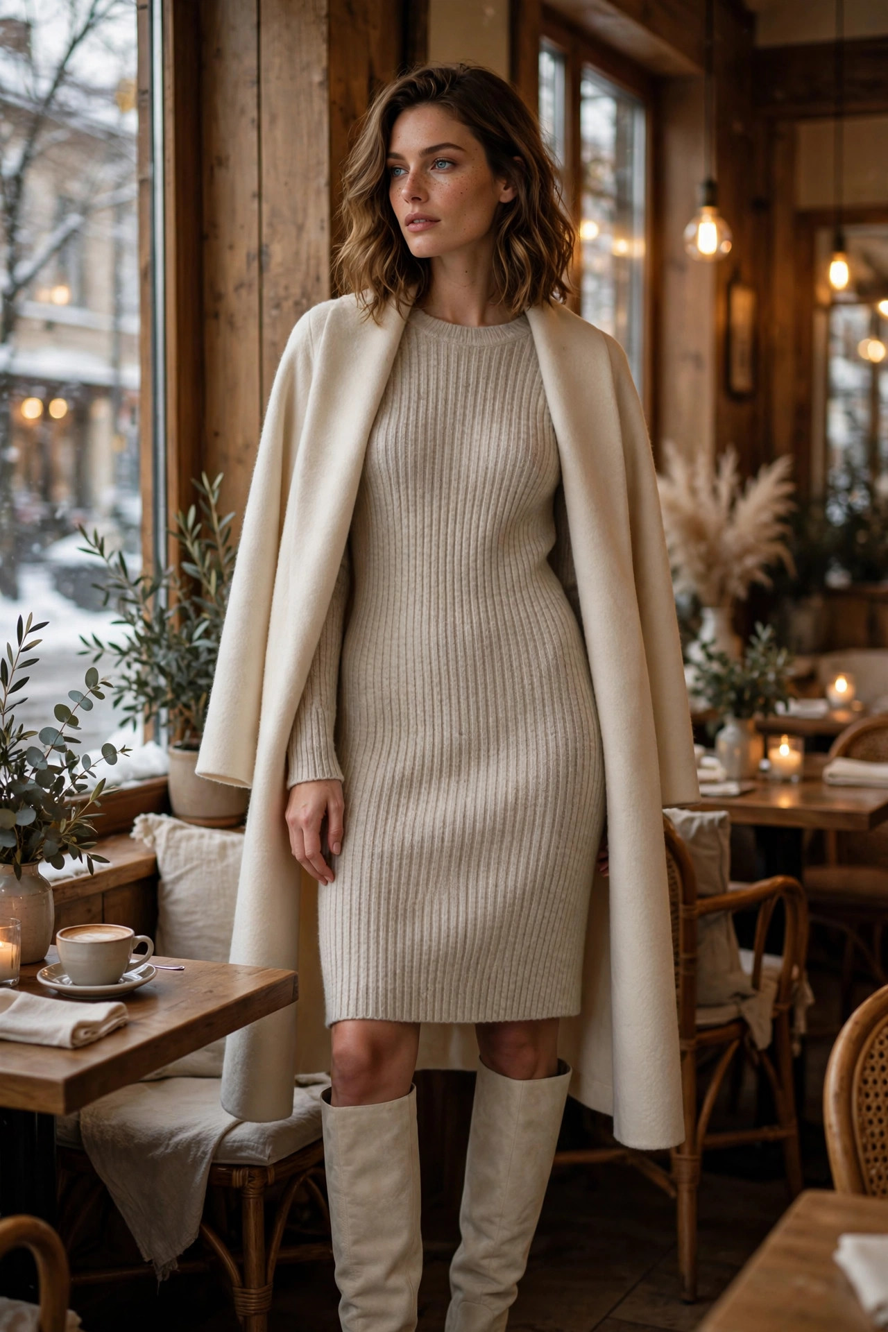 Oatmeal ribbed knit dress paired with cream knee-high boots, winter date-night look
