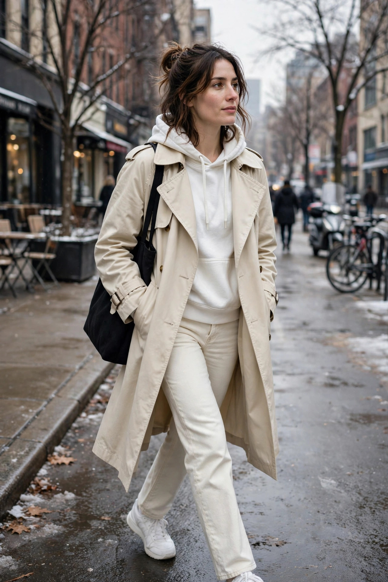 Cream trench coat layered over a white hoodie and ivory jeans, casual winter street style