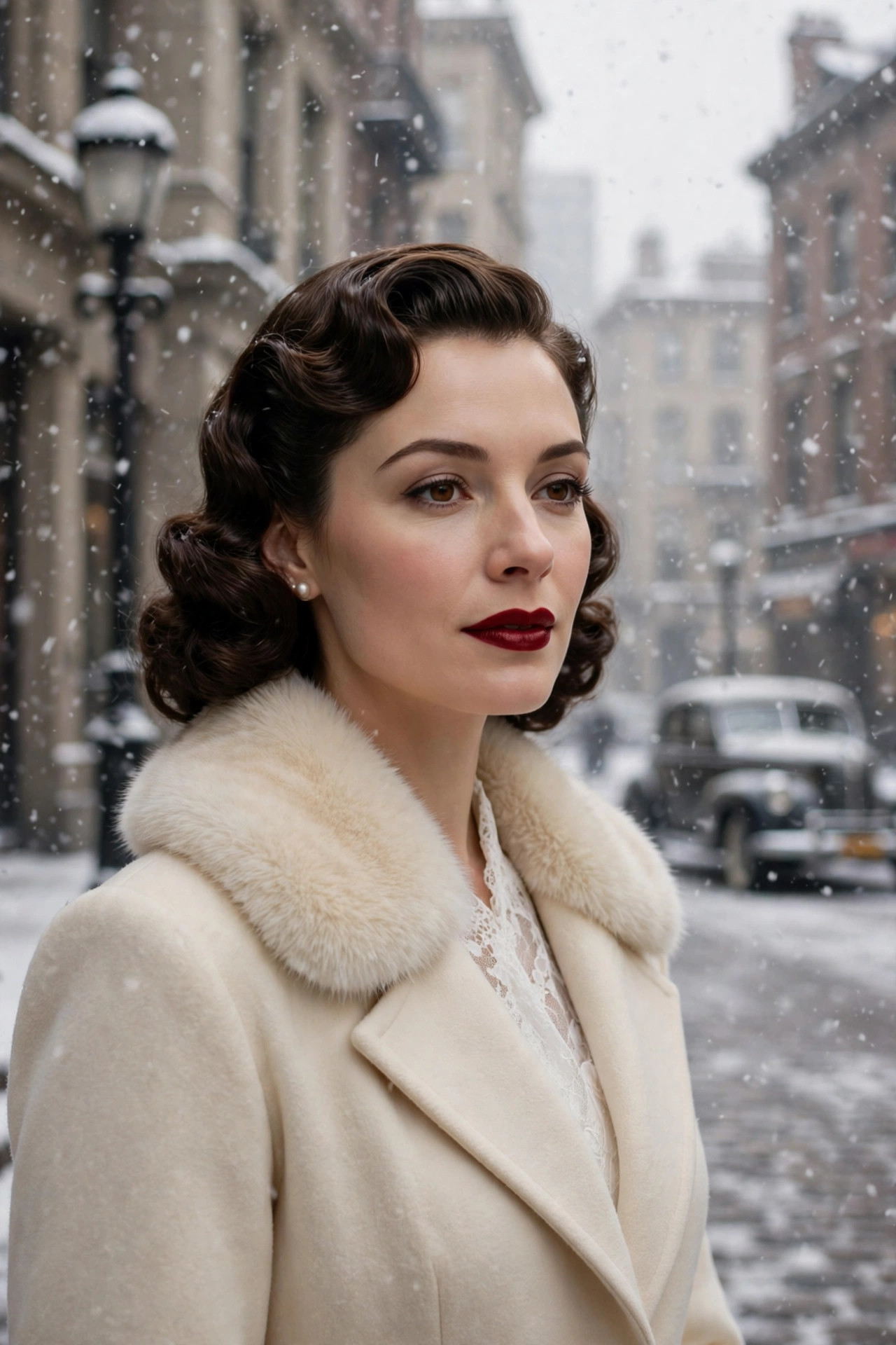 Cream coat with plush faux-fur collar over a white dress, old-Hollywood winter glamour