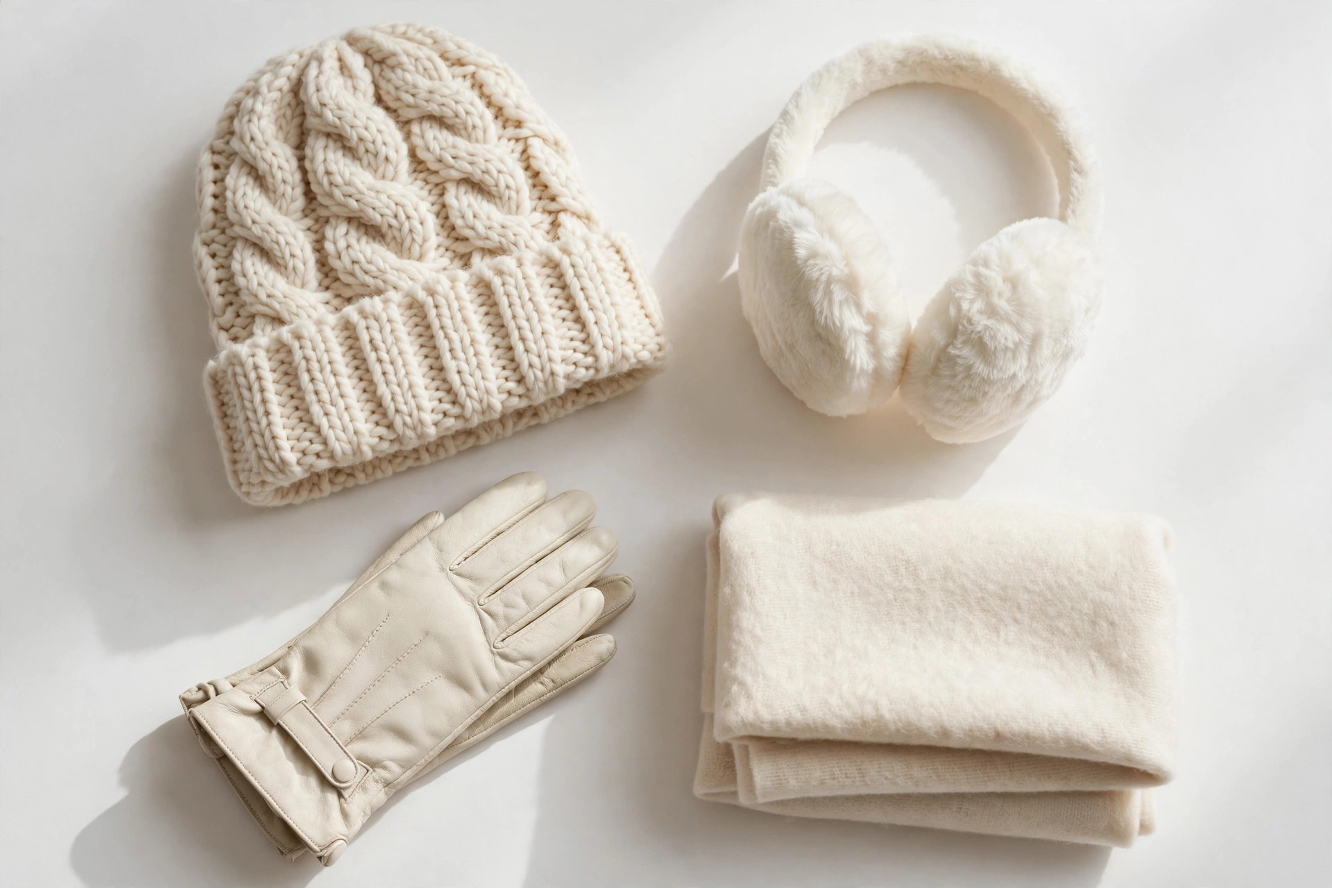 Flat-lay of cream winter accessories — knit beanie, leather gloves, wool scarf on white background
