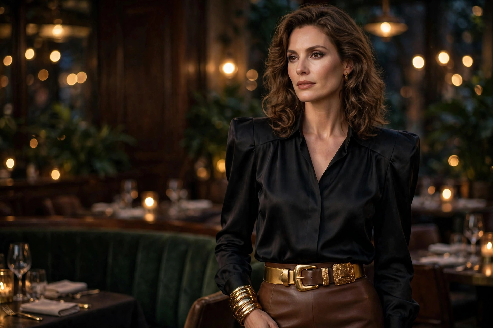 Woman in black silk blouse with sculpted shoulders and brown leather pencil skirt with wide gold belt at night
