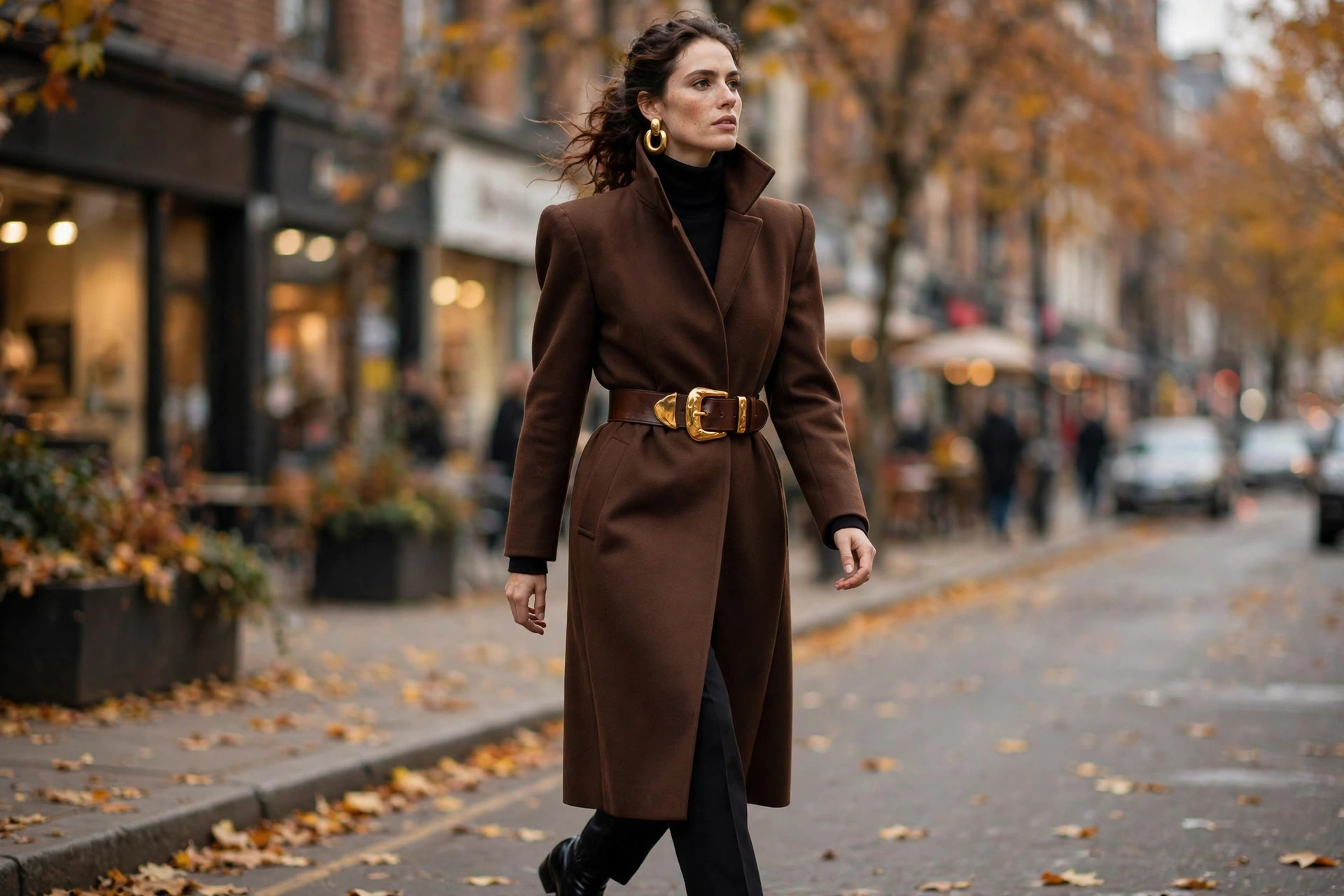 Woman in chocolate brown funnel-neck coat with power shoulders and wide belt with gold buckle on a city street
