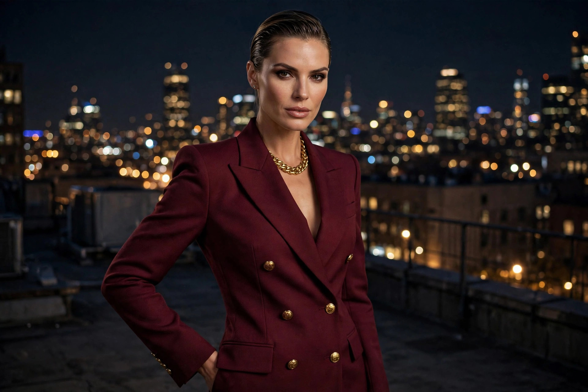 Woman in burgundy double-breasted power suit with gold buttons and chunky gold necklace on a rooftop at night