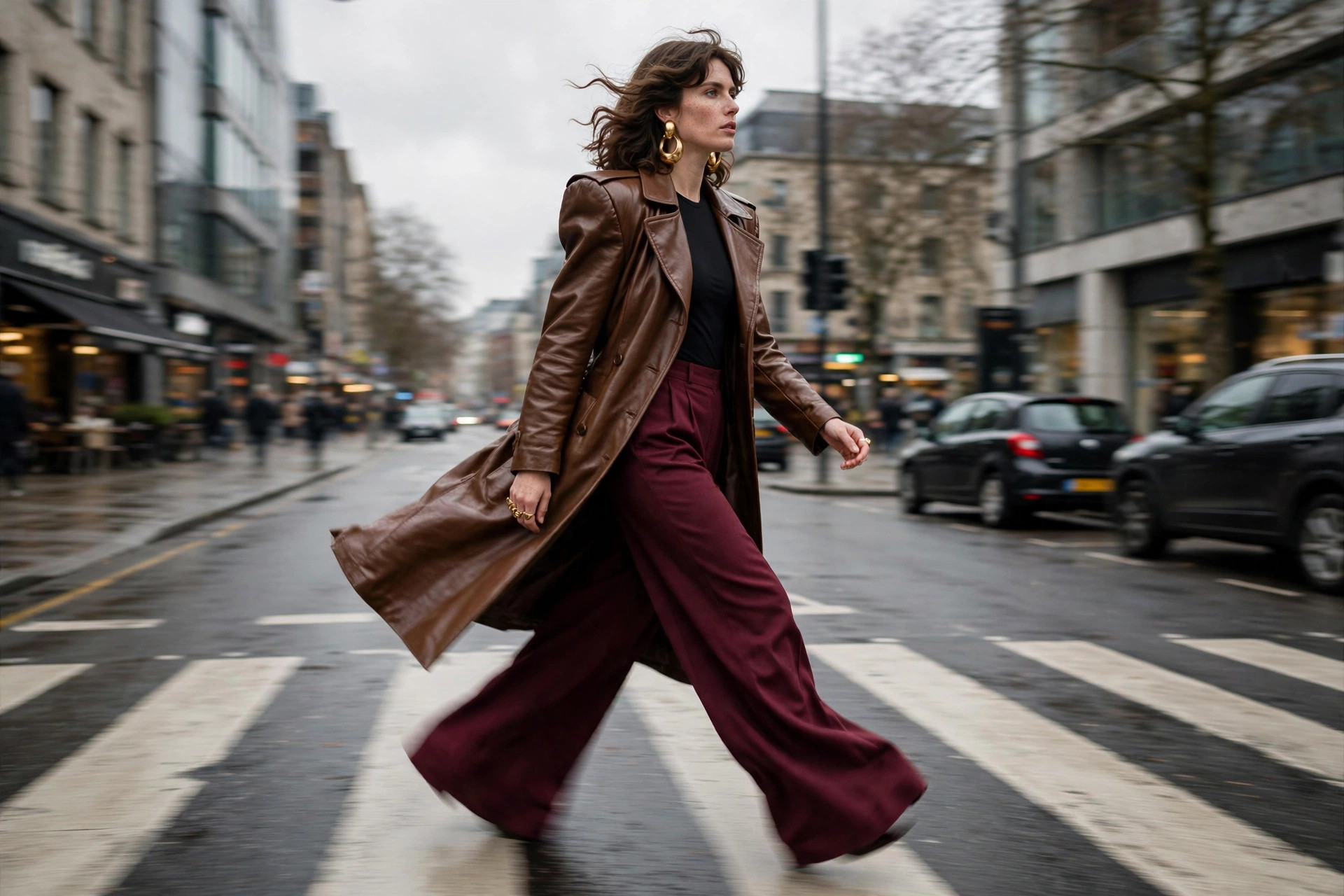 Woman in brown leather-look trench coat with strong 80s shoulders over black bodysuit crossing a street