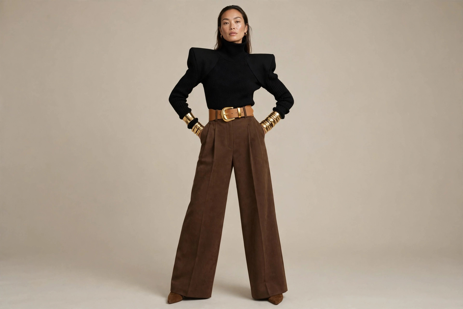 Woman in black funnel-neck knit top with structured shoulders and brown wide-leg trousers with tan belt in a studio