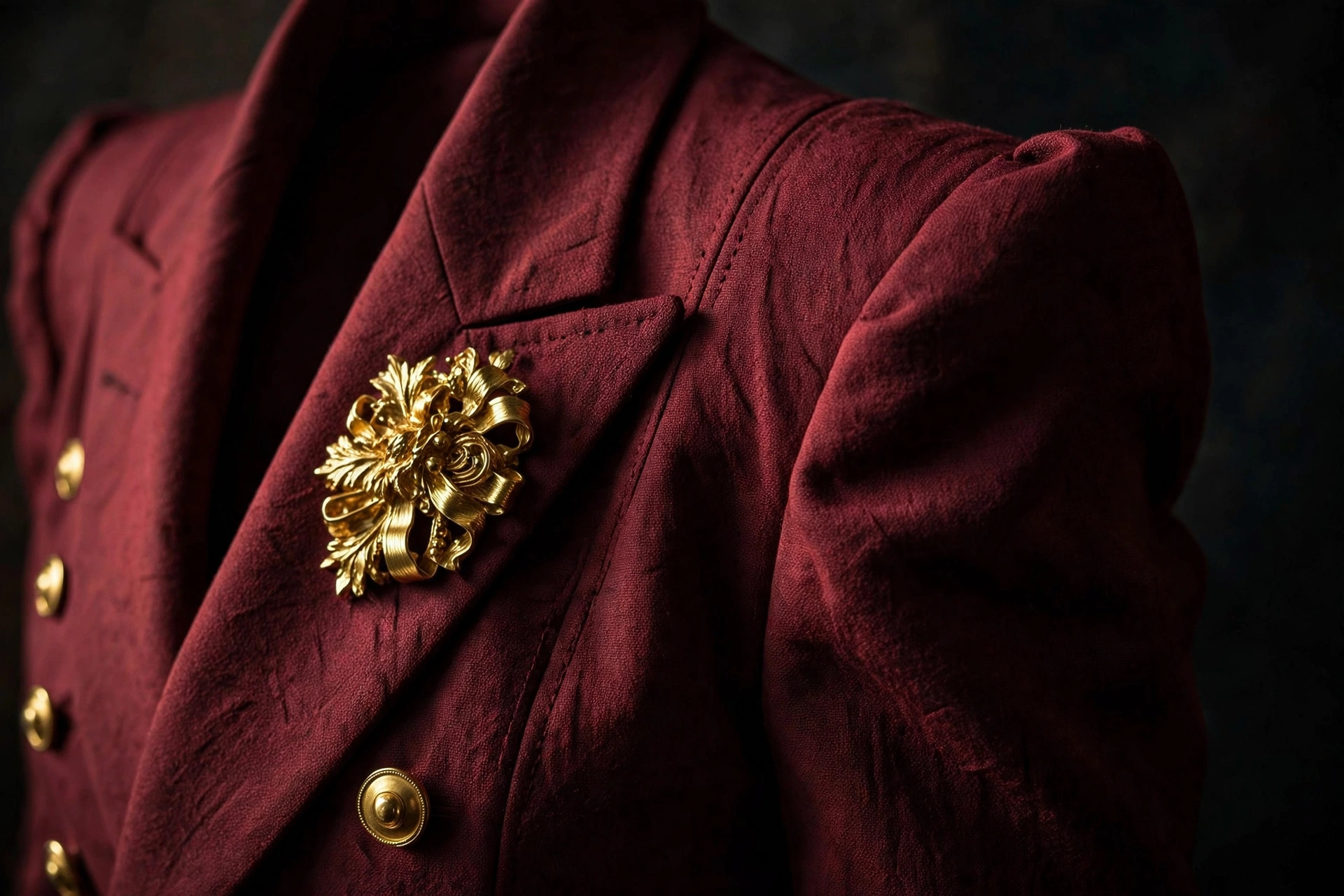 Close-up of sculpted padded shoulder and sharp lapel of burgundy blazer with chunky gold brooch