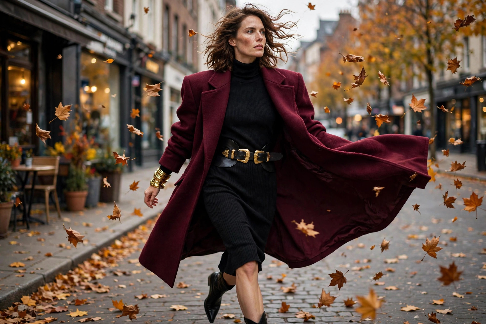 Woman mid-stride in burgundy oversized coat with 80s shoulders and wide black belt with gold buckle on an autumn street