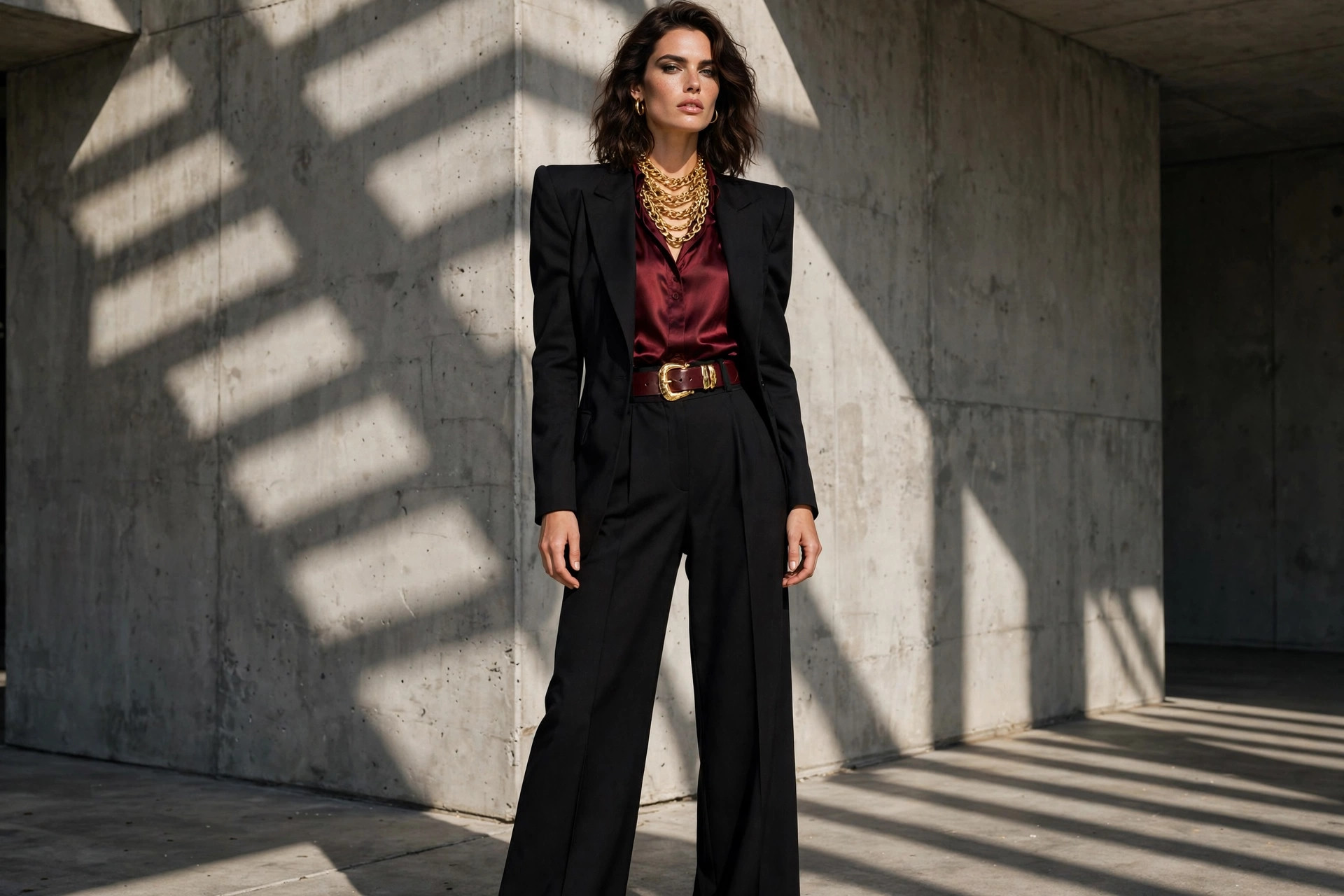 Woman in black blazer with sculpted shoulders over burgundy silk blouse with wide burgundy belt and gold necklaces