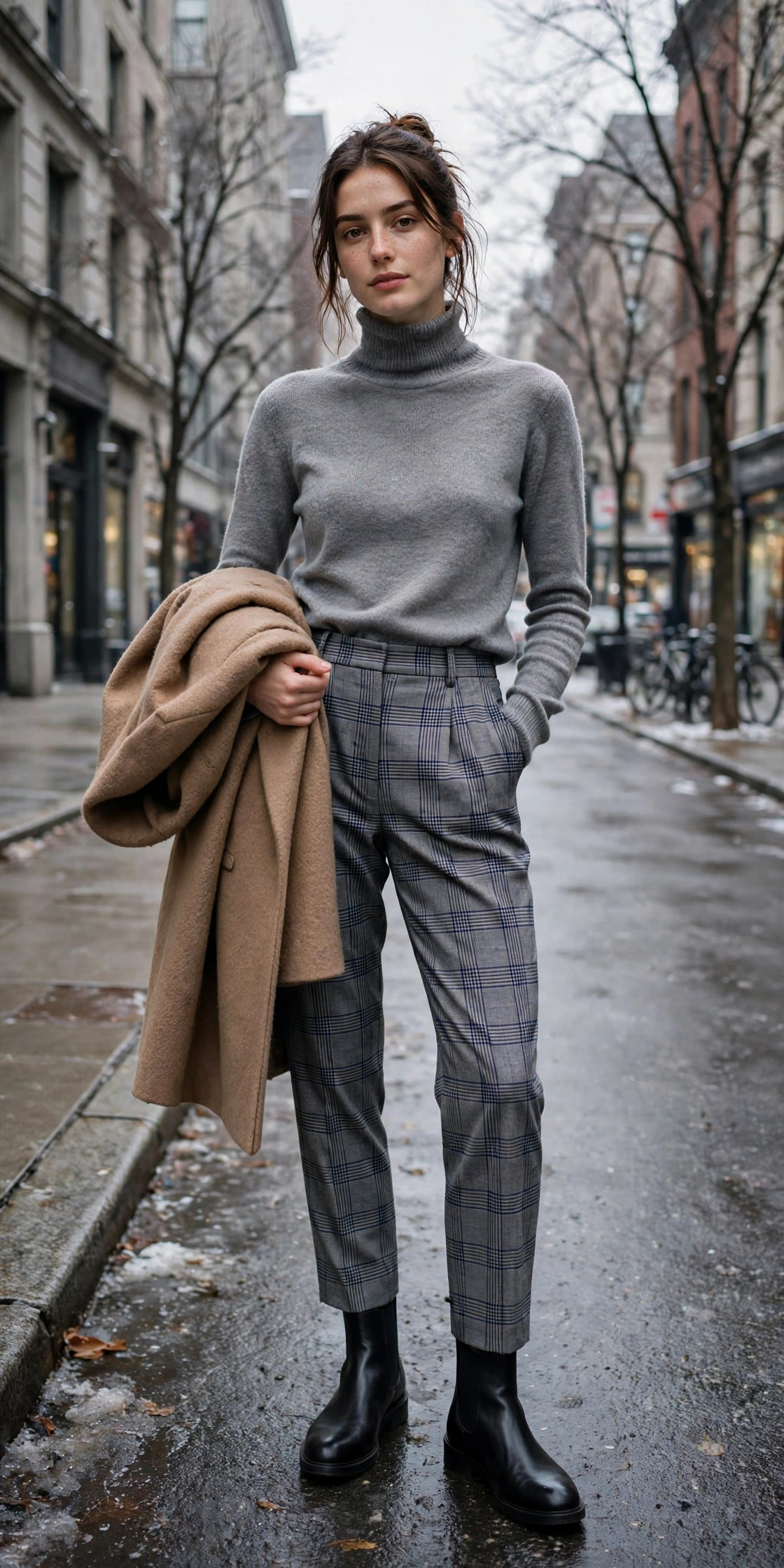 Grey turtleneck tucked into plaid trousers with Chelsea boots