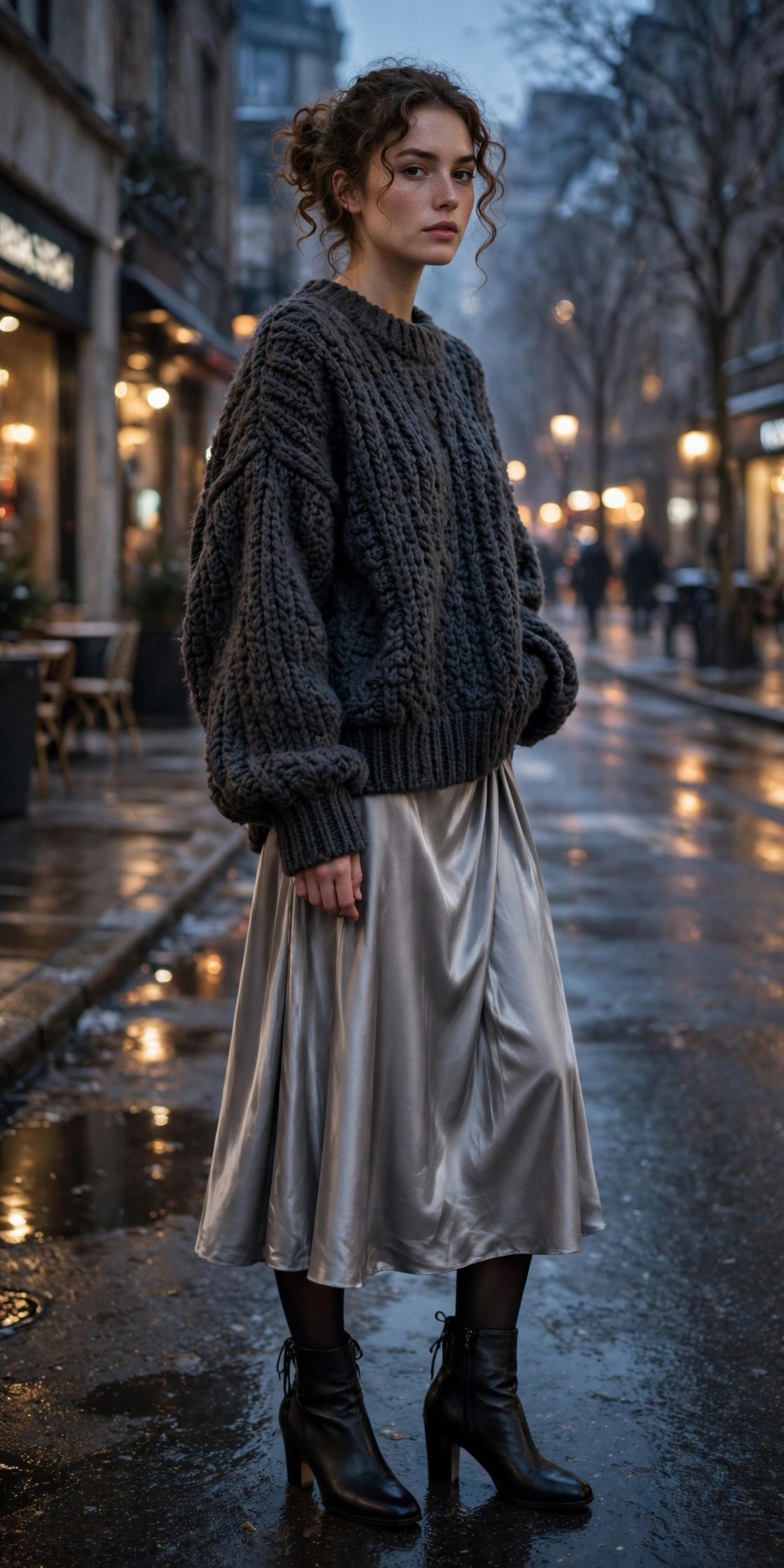 Silver-grey satin midi skirt with oversized chunky knit sweater