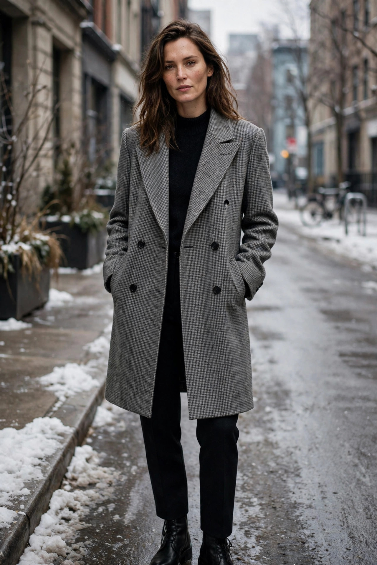 Grey houndstooth patterned coat over all-black outfit