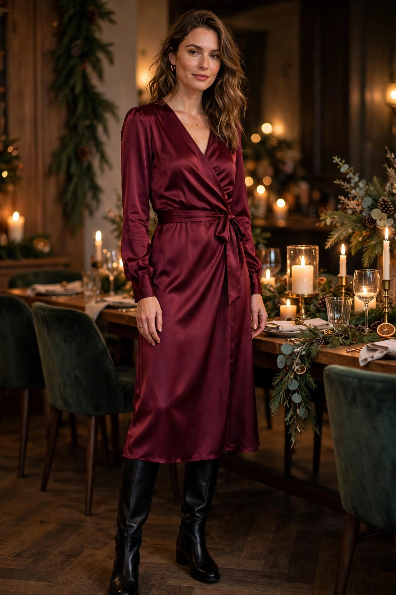 Woman in burgundy satin wrap dress with black knee-high boots