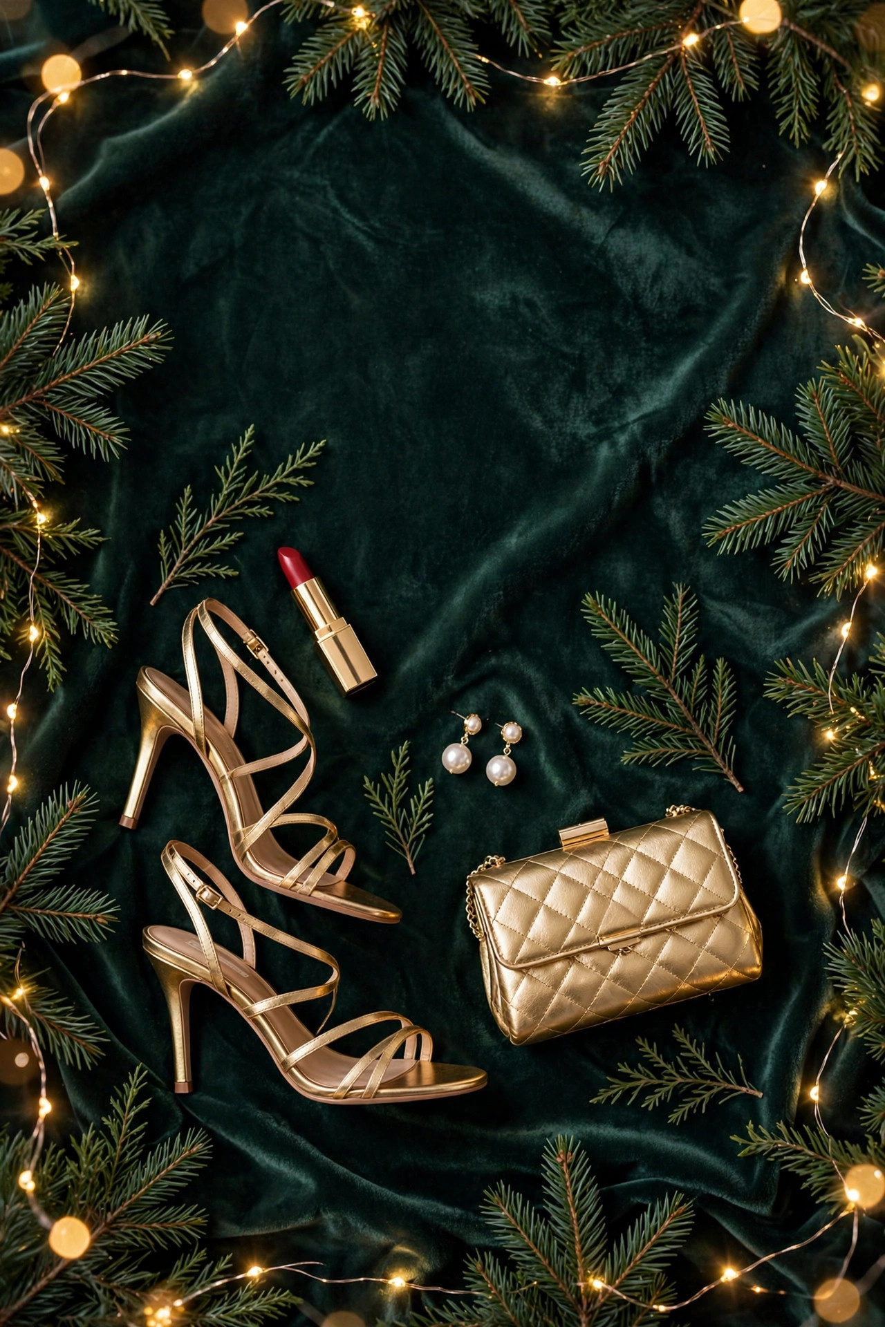 Flat lay of gold heels, clutch, pearl earrings and lipstick on green velvet