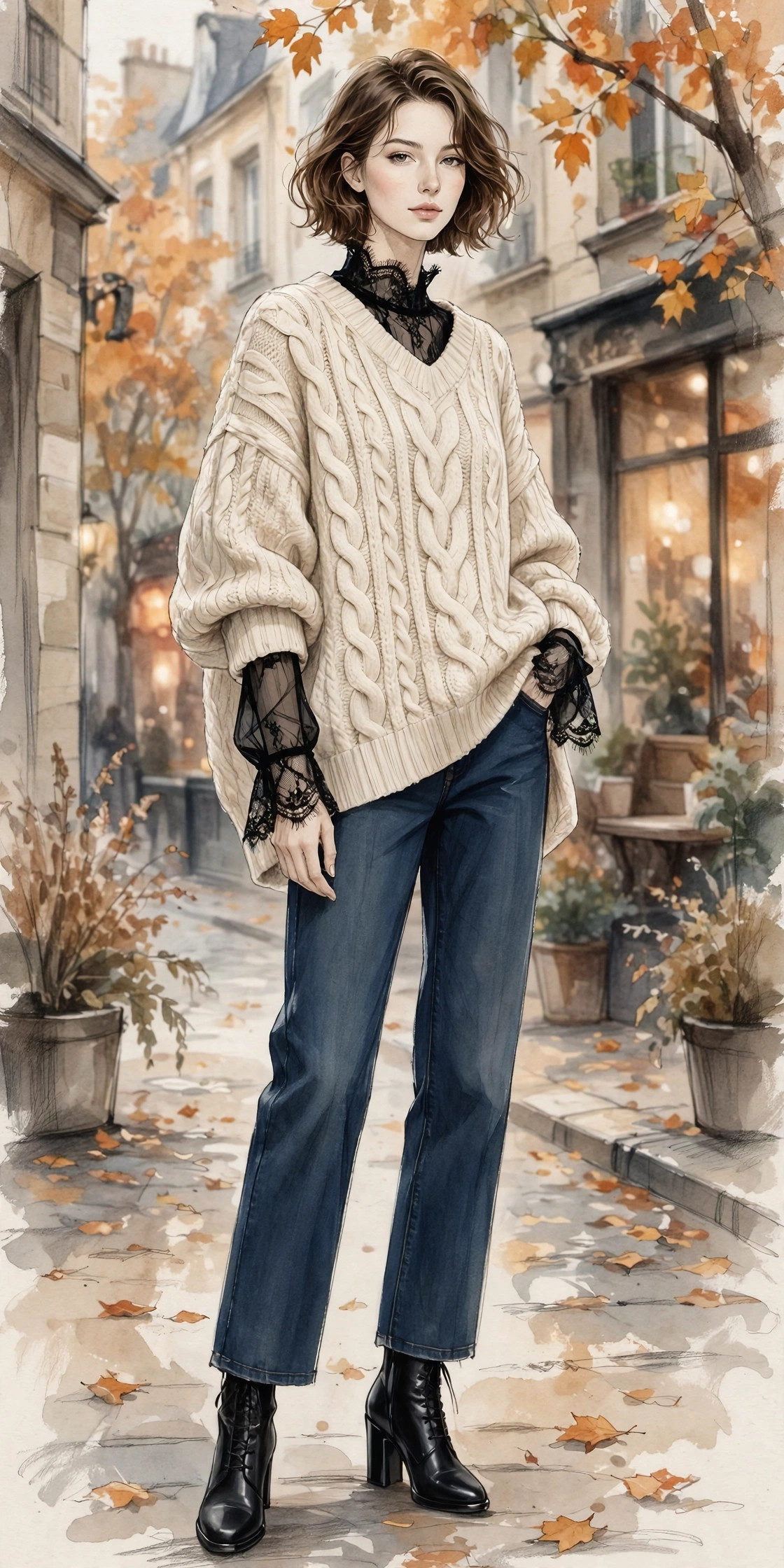 Chunky cream cable-knit sweater layered over a black lace top with lace cuffs peeking out