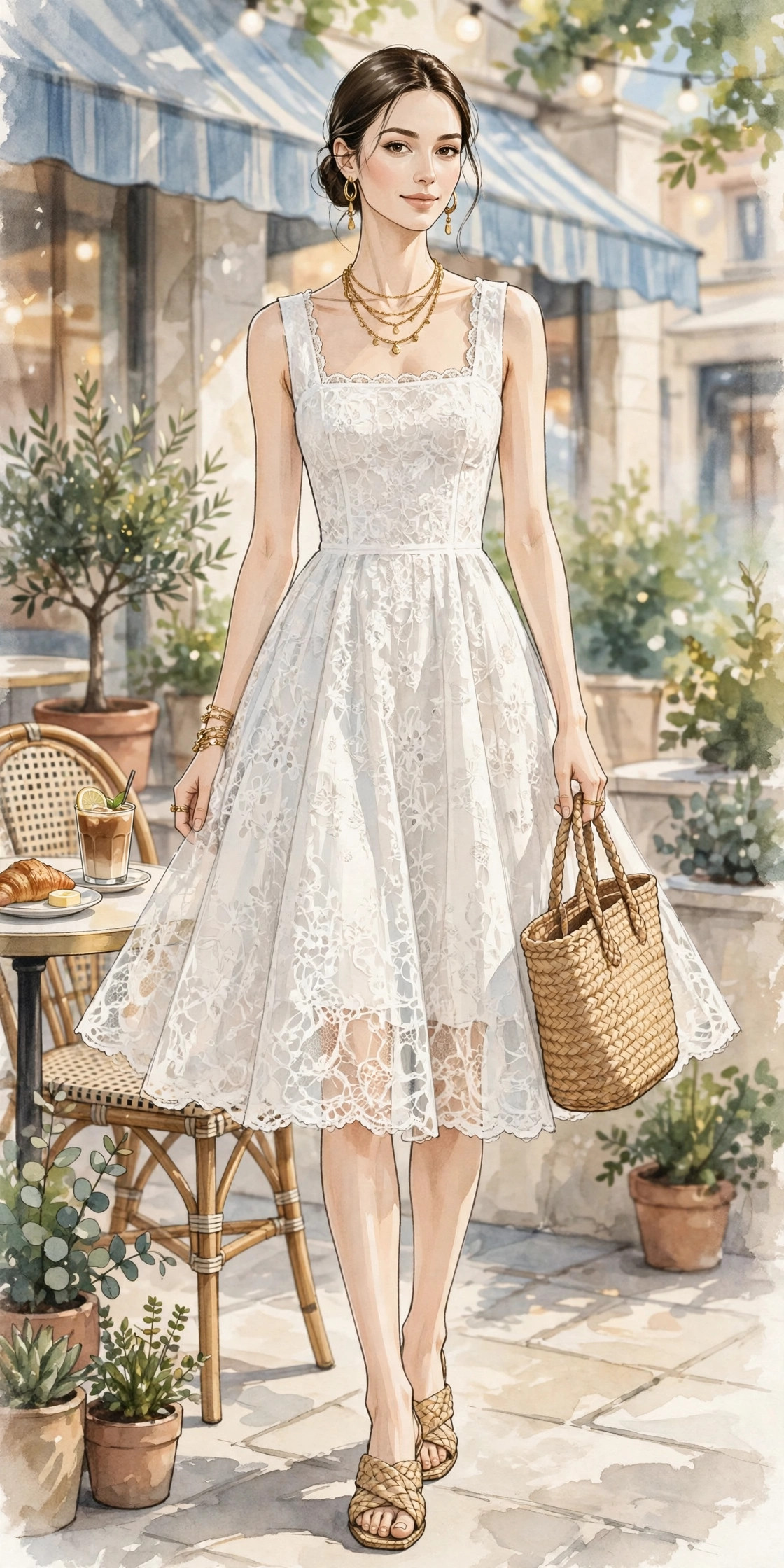 White cotton lace brunch dress with sandals and a straw tote