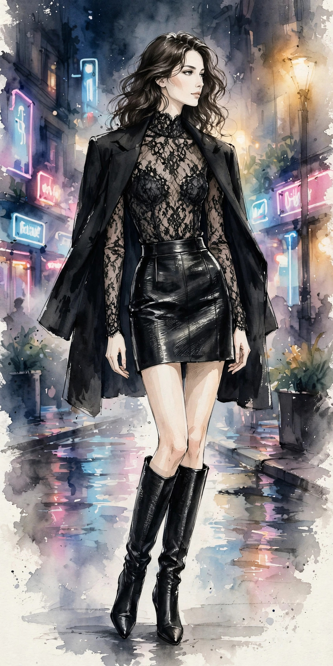 Black long-sleeve lace bodysuit with high-waist leather mini skirt and blazer