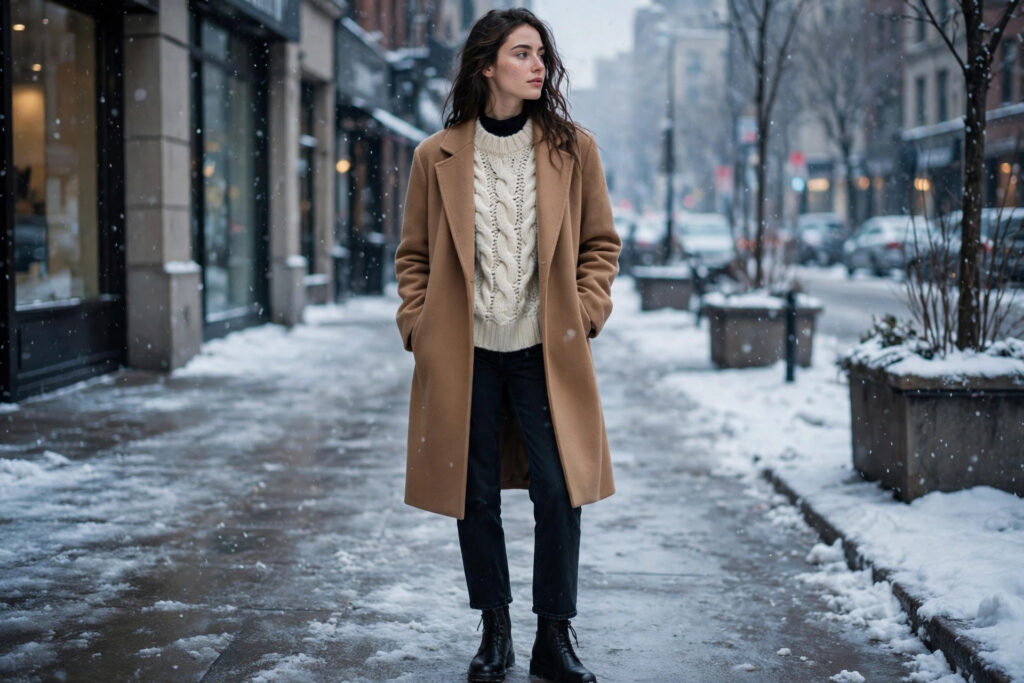 The 3-2-1 winter layering formula with thermal, knit and camel coat