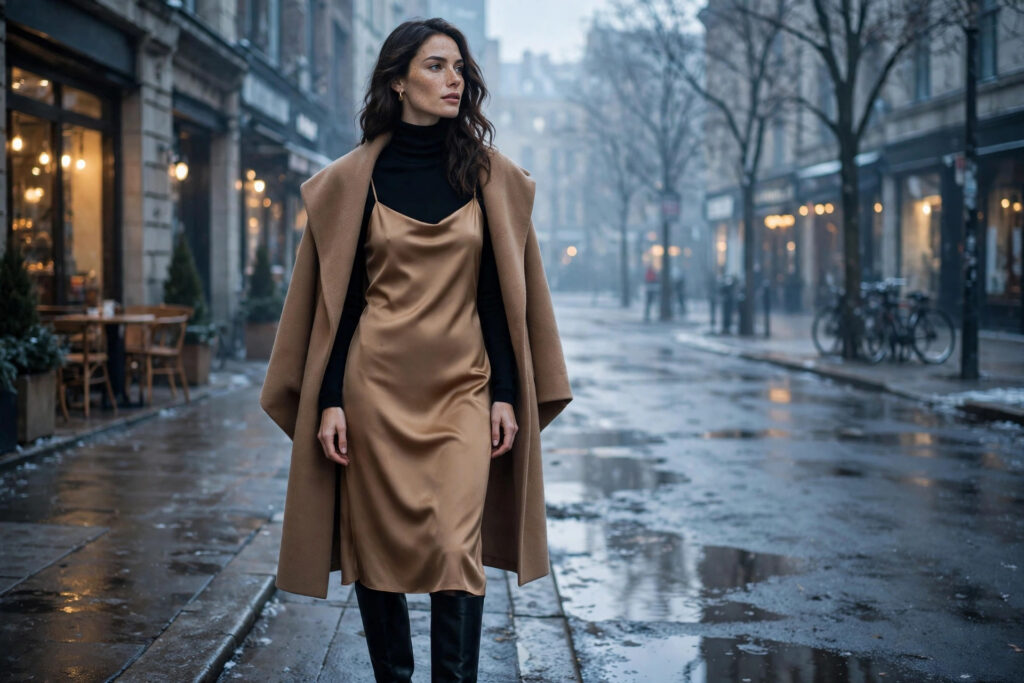 Thin fitted turtleneck layered under a winter outfit