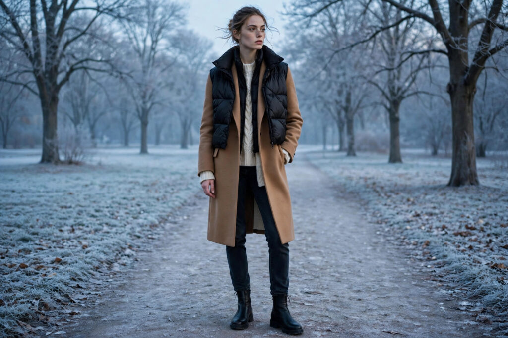 Puffer vest worn over a wool coat for double outerwear