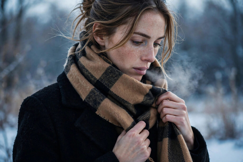 Oversized wool scarf wrapped as a warm layer