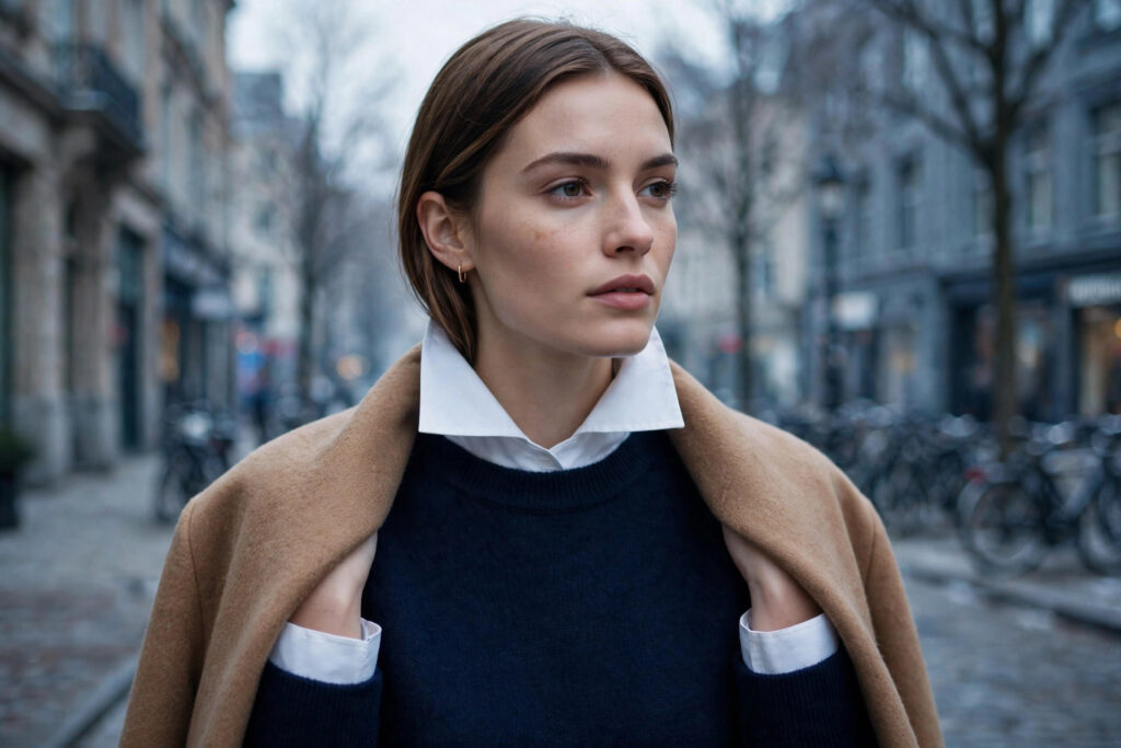 Collared shirt with popped collar under a crewneck sweater