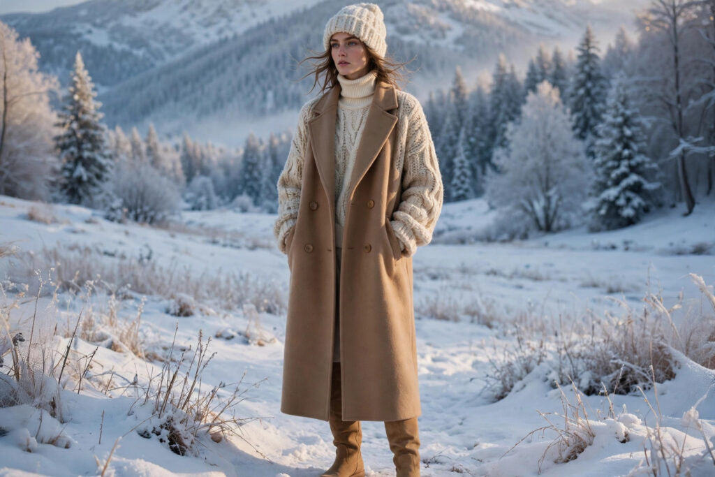 Monochrome winter layered outfit in cream and camel tones